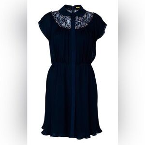 Alice & Olivia 100% Silk Emma Elegant Navy Blue Lace Dress size Small
